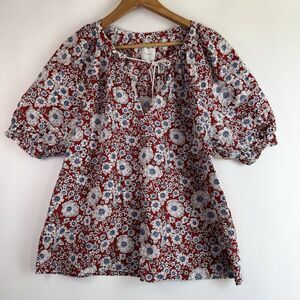 Sundays Peasant Top Size 2 Red Blue Floral Puff Sleeve Relaxed Fit Boho Blouse